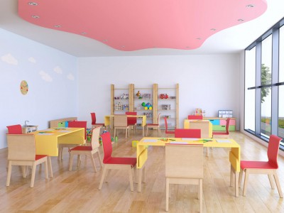 Chantier peinture Zolpan : murs en blanc et plafond forme géométrique en peinture rose